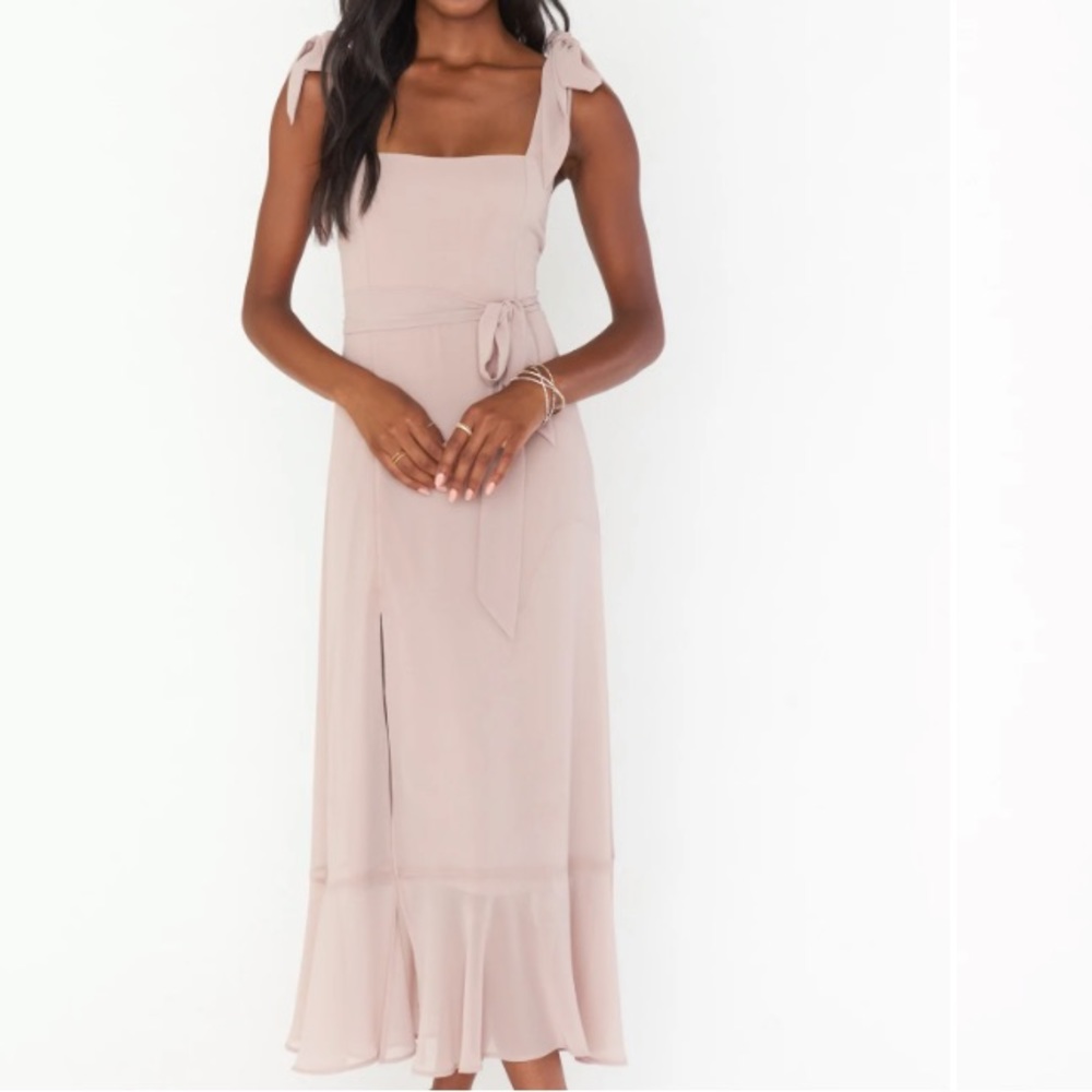 NEW WITH TAGS! Claire Midi Dress in the color Soft Beige Chiffon. Size: L.